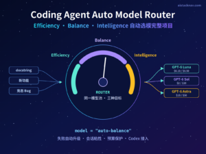 Coding Agent Auto Model Router 封面，三档模式旋钮 Efficiency、Balance、Intelligence 连接 GPT-6 Luna、Sol、Astra