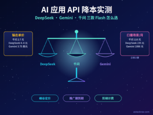 三款 Flash 模型 API 降本对比特色图，中央天平称量三家模型，两侧标注输出单价与月度成本排序