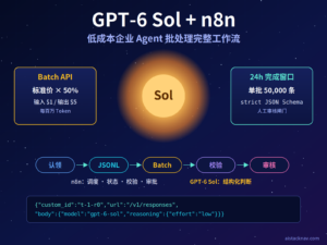 GPT-6 Sol 与 n8n 低成本企业 Agent 批处理封面图，中心为太阳形态的 Sol 与 n8n 节点链，两侧标注 Batch 五折价格与 24 小时窗口