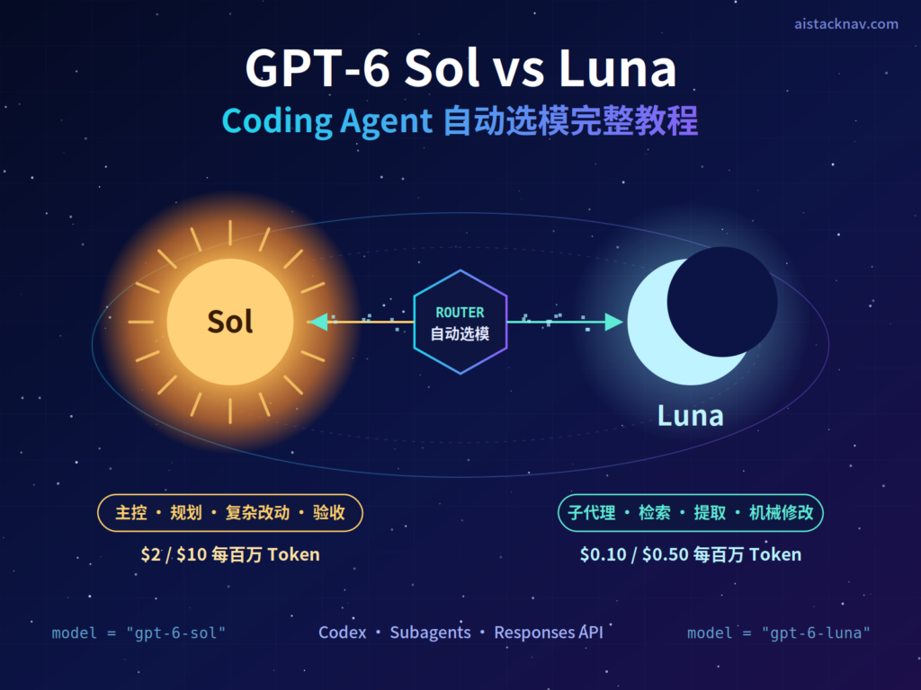 GPT-6 Sol 与 GPT-6 Luna 双模型对比的 Coding Agent 自动选模教程封面，深蓝科技风