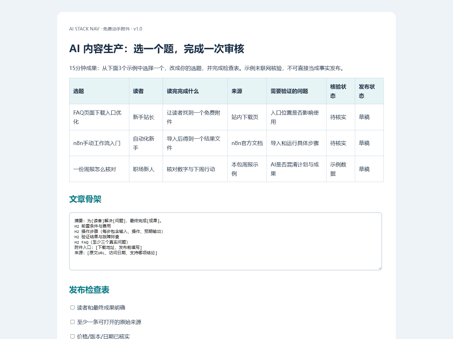 AI内容生产选题表与文章检查表实际HTML页面截图