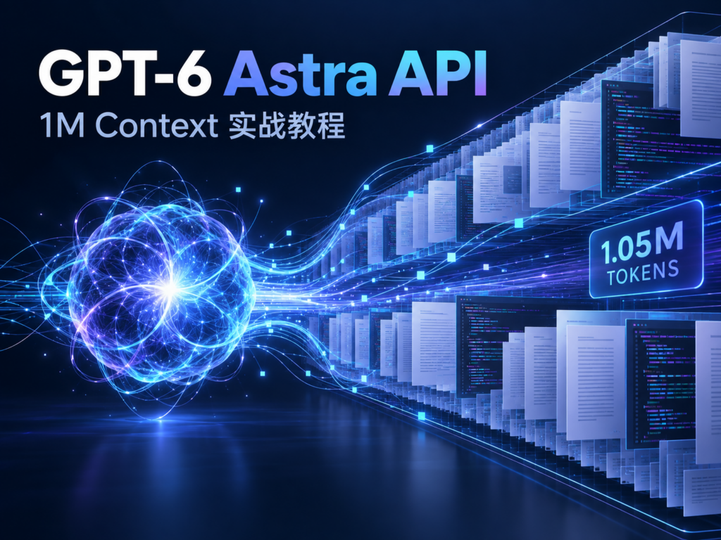 GPT-6 Astra API 1M Context 教程封面，展示百万 Token 上下文与代码接口