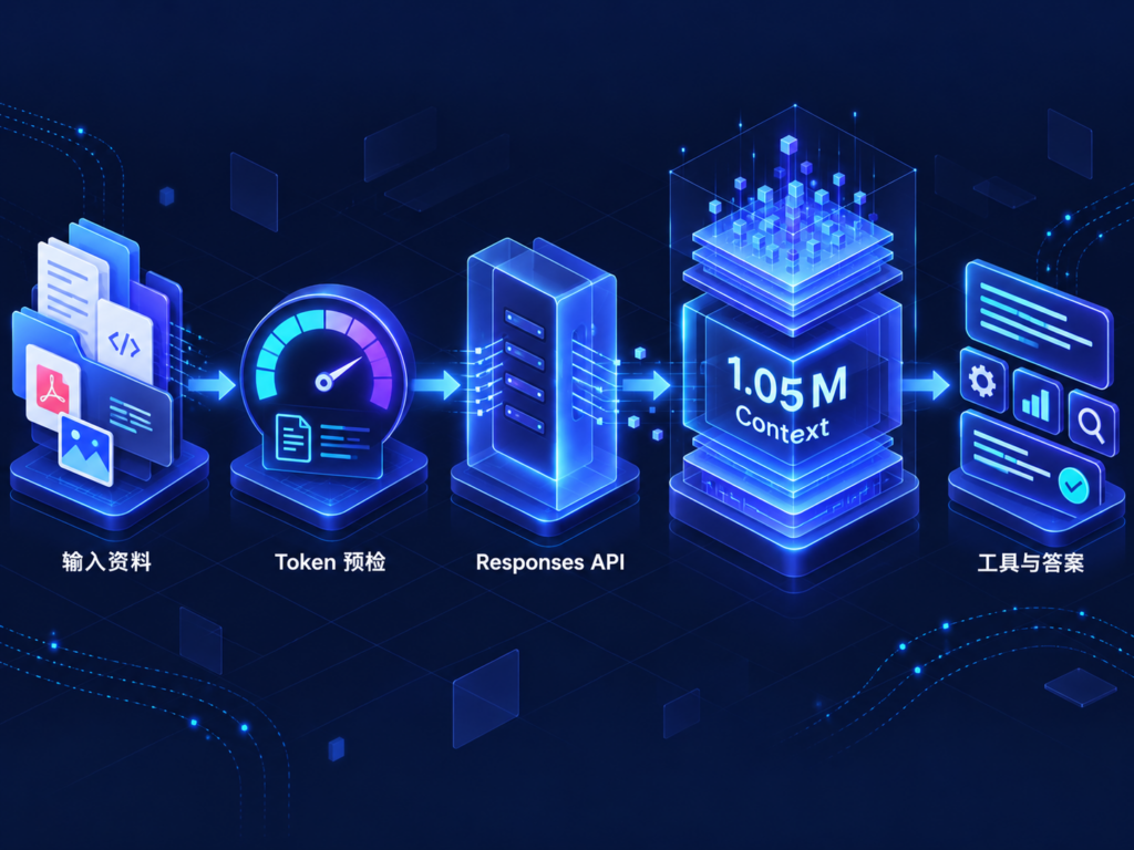 GPT-6 Astra 长上下文 API 架构图，包含 Token 预检、Responses API、缓存与工具调用