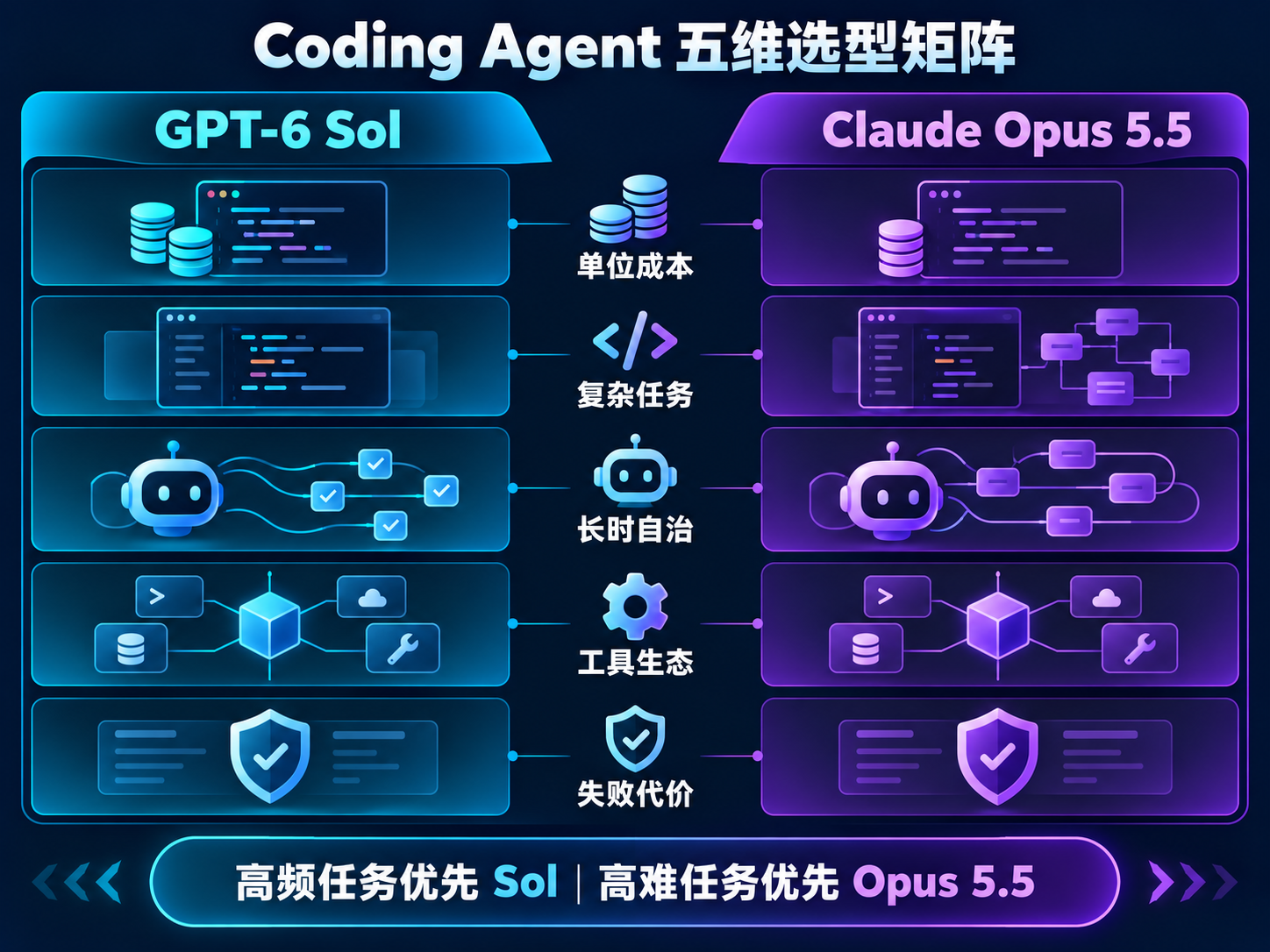 GPT-6 Sol 与 Claude Opus 5.5 在成本、推理、Coding Agent 和工具生态方面的选型矩阵