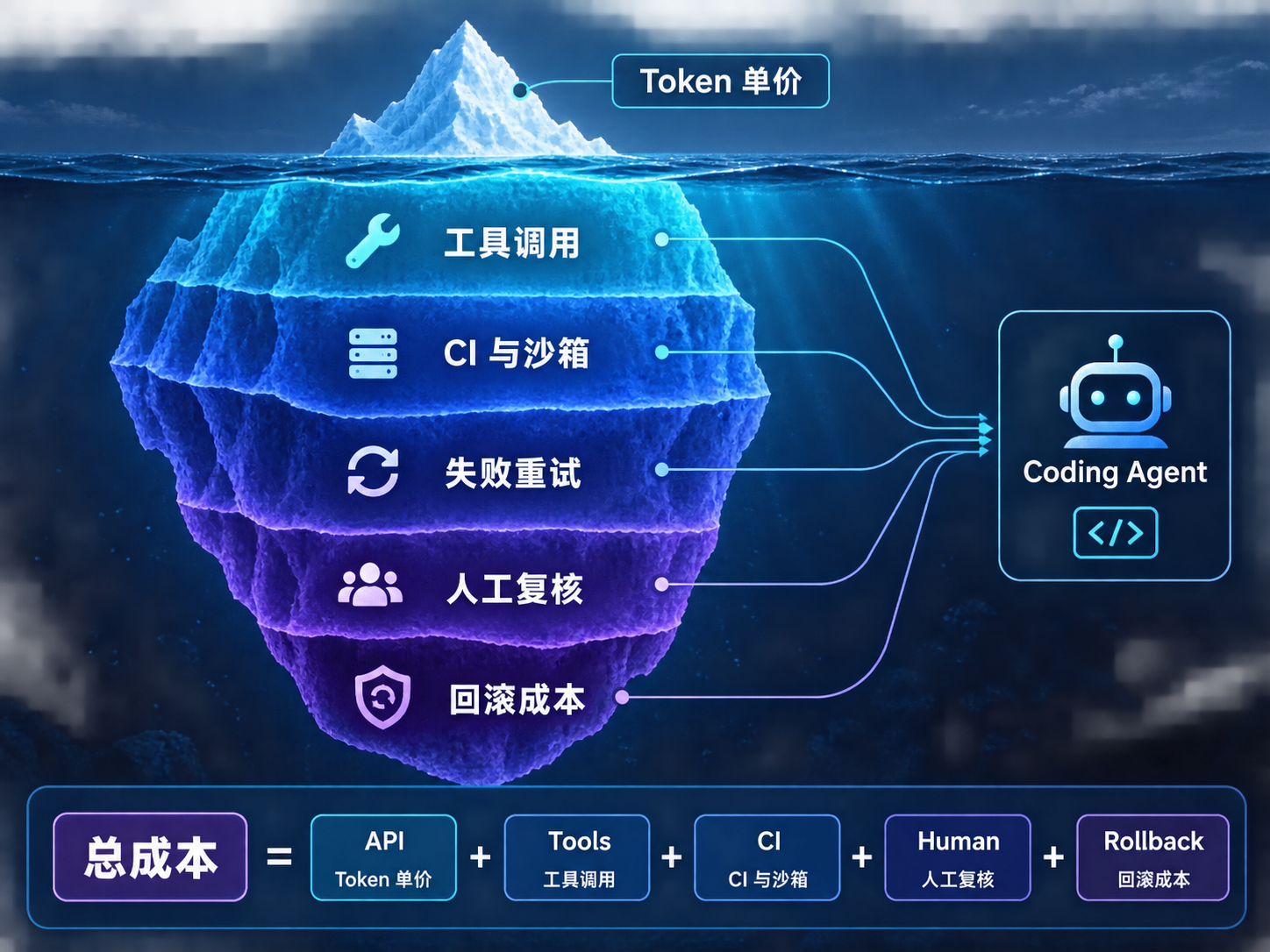 Grok 4.7 Coding Agent 总成本由 Token、工具、CI、重试、人工复核和回滚共同构成的成本冰山图