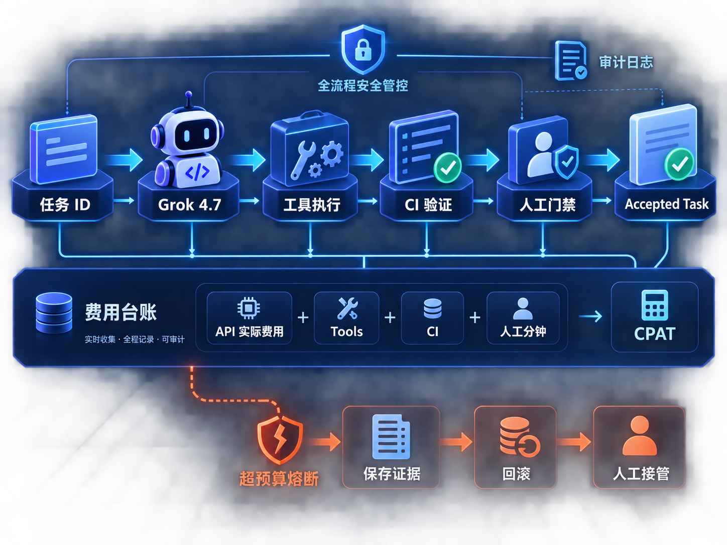 Grok 4.7 Coding Agent 从任务开始、成本采集、工具执行、测试验收到预算熔断与人工审批的闭环流程图