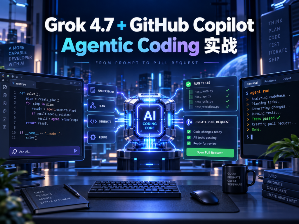 Grok 4.7 与 GitHub Copilot Agentic Coding 实战封面，展示代码、终端和多步工作流