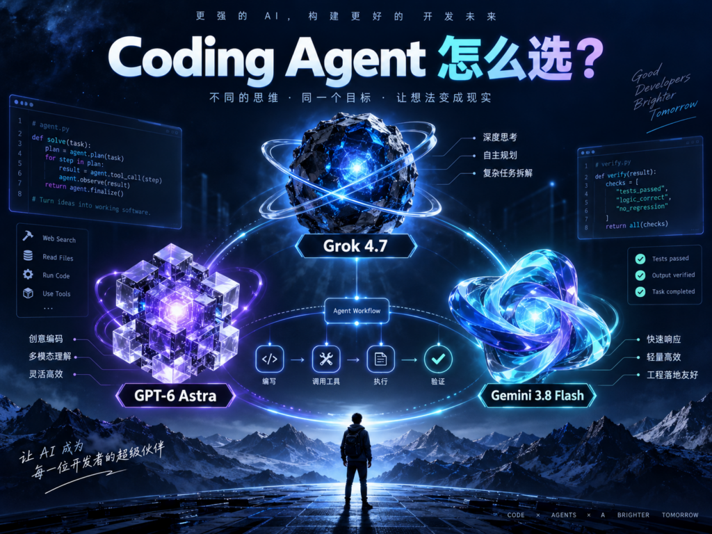 Grok 4.7、GPT‑6 Astra 与 Gemini 3.8 Flash Coding Agent 选型封面