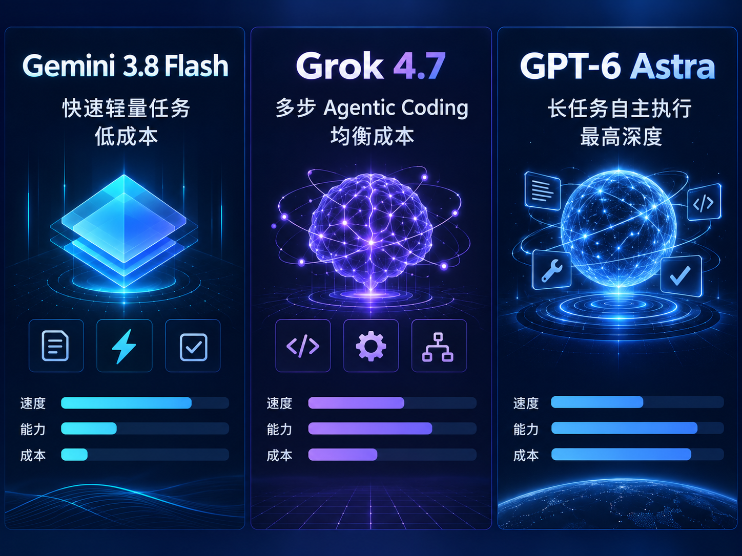 Grok 4.7、GPT-6 Astra 与 Gemini 3.8 Flash 的 Coding Agent 定位和成本层级对比图