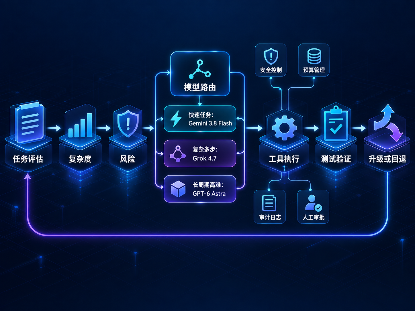 Coding Agent 根据任务复杂度和风险路由到 Gemini 3.8 Flash、Grok 4.7 或 GPT-6 Astra 的工作流图