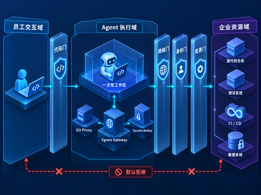 企业 Coding Agent Devspace 三域四门安全架构图