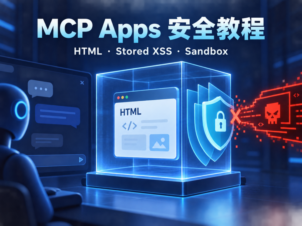 MCP Apps 安全教程封面，展示 AI 客户端中的 HTML 面板、XSS 风险与 iframe Sandbox 防护