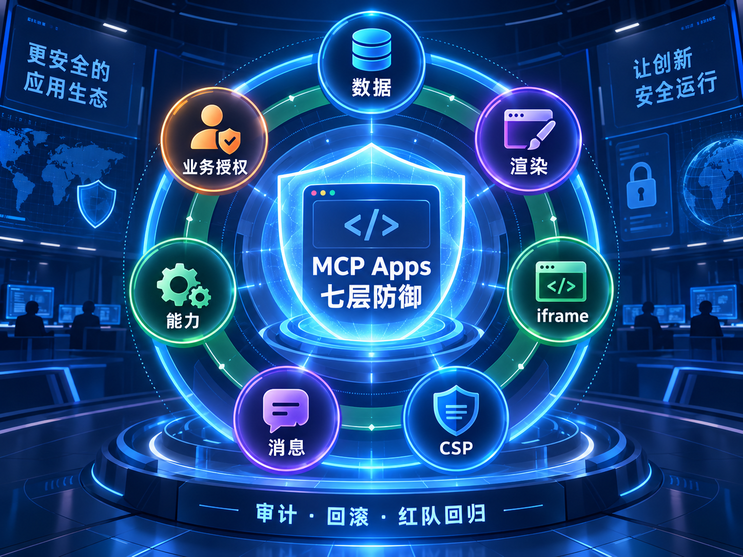 MCP Apps 从不可信数据、渲染、Sandbox、CSP、消息校验到工具授权的七层防御流程
