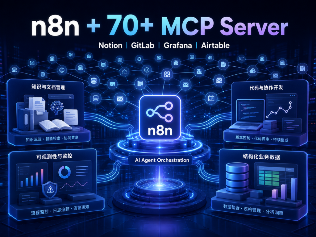n8n连接70加MCP Server教程封面，展示Agent连接Notion GitLab Grafana和Airtable