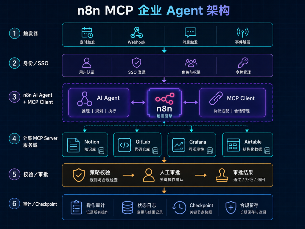 n8n连接70加MCP Server企业Agent架构图，展示AI Agent、MCP Client、Notion、GitLab、Grafana、Airtable与审批审计层