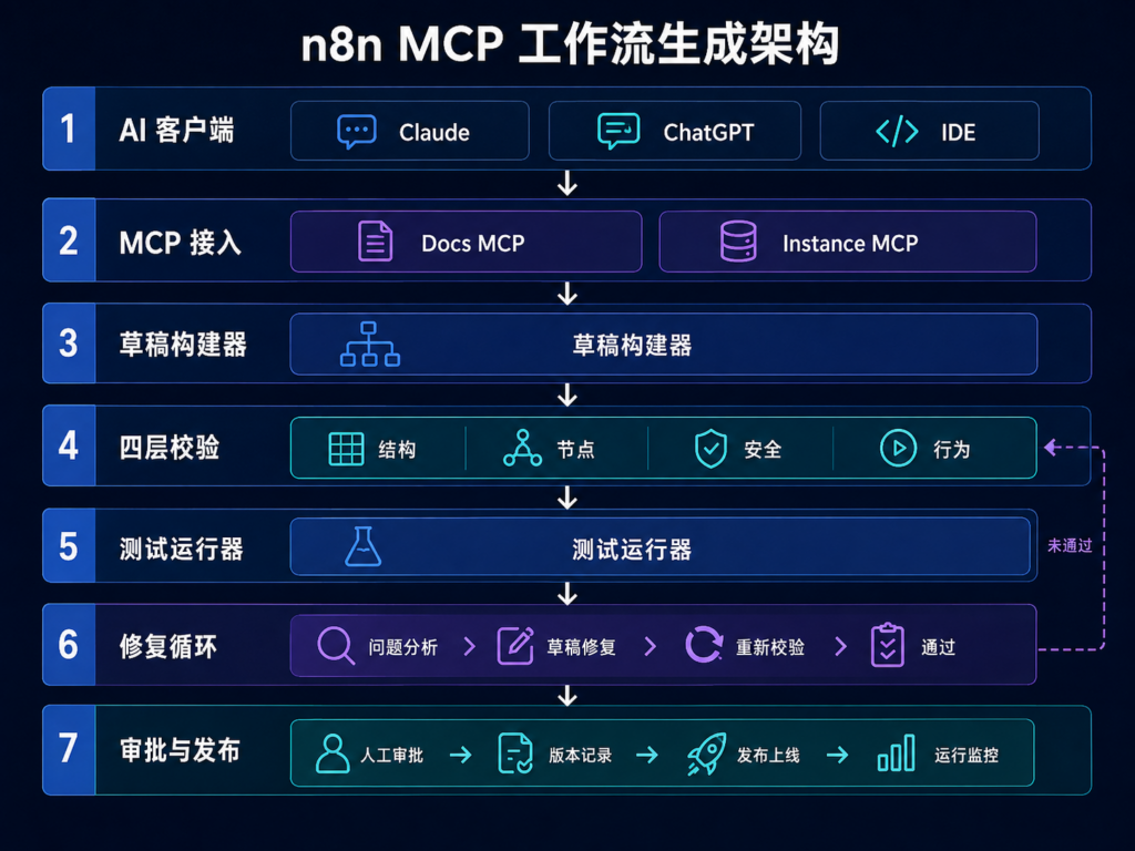 n8n MCP Server自动生成工作流企业架构图，展示Claude ChatGPT IDE、Docs MCP、Instance MCP、Draft、Validator、测试执行和审批发布