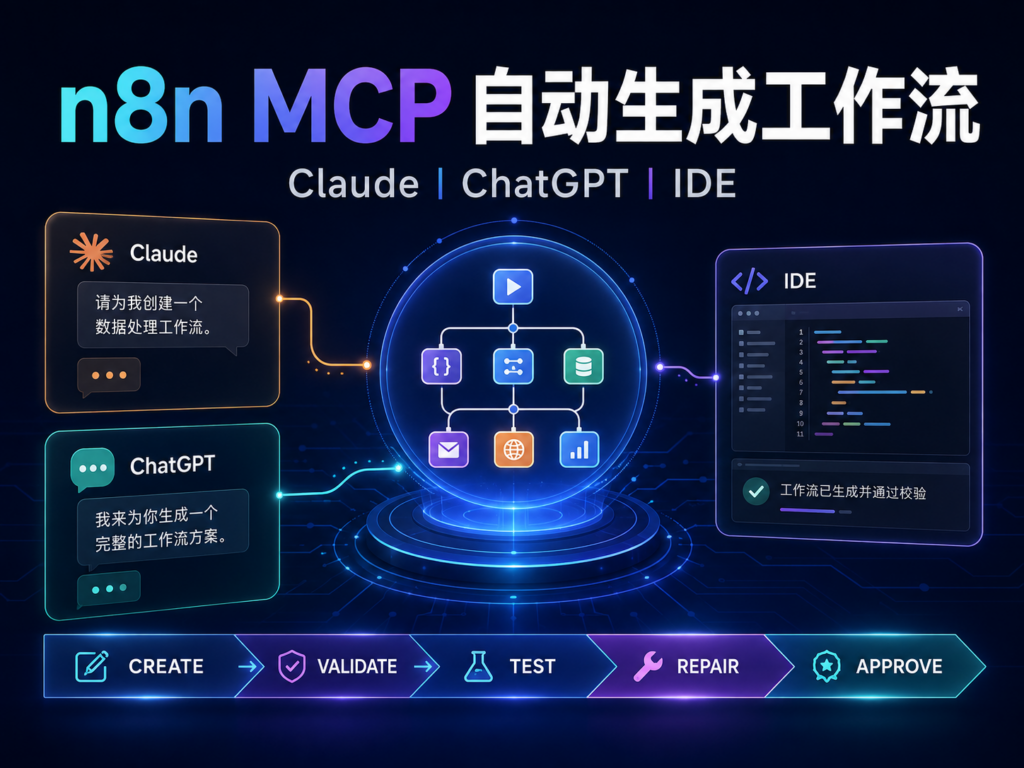 n8n MCP Server自动生成工作流教程封面，展示Claude ChatGPT IDE创建验证修复Workflow