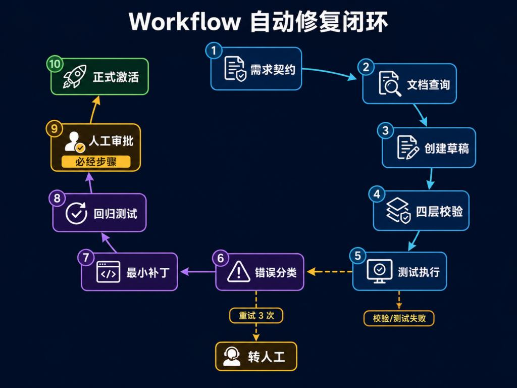 n8n MCP自动生成和修复工作流流程图，展示需求、文档查询、创建Draft、四层验证、测试执行、错误分类、最小修复、人工审批与激活