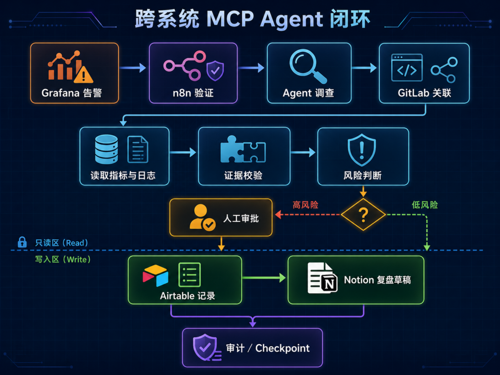 n8n MCP Agent跨Notion GitLab Grafana Airtable执行流程，展示告警触发、诊断、代码关联、审批、记录与复盘闭环