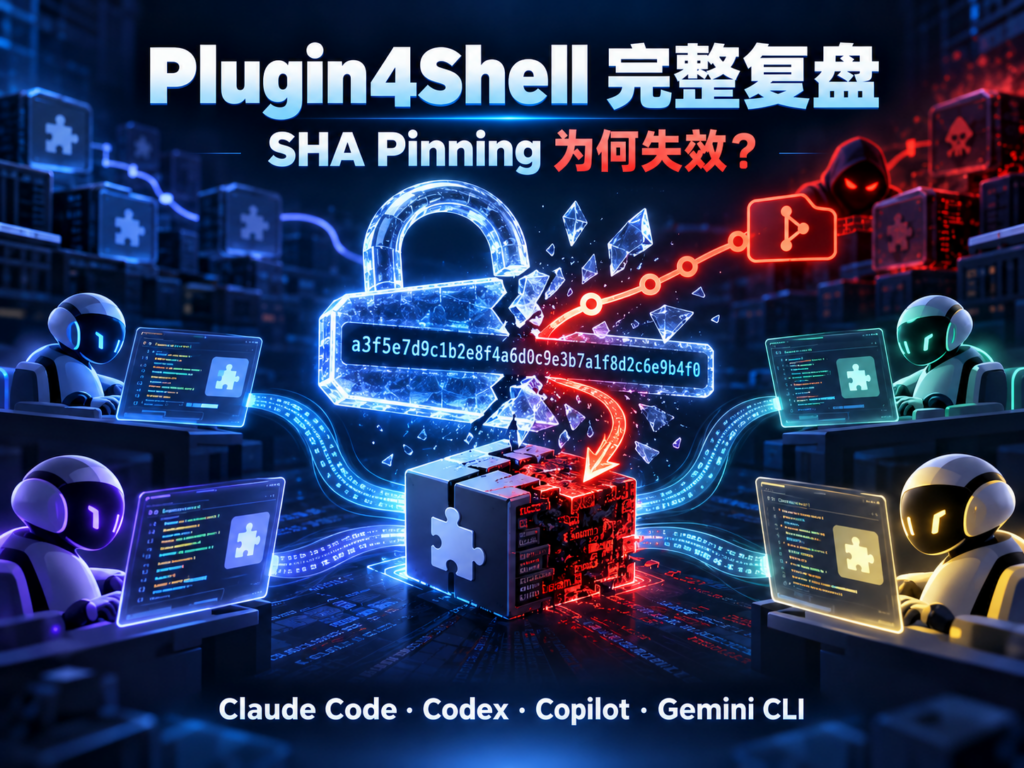 Plugin4Shell 安全复盘科技封面，展示四类 Coding Agent 插件穿透失效的 SHA Pinning 防线