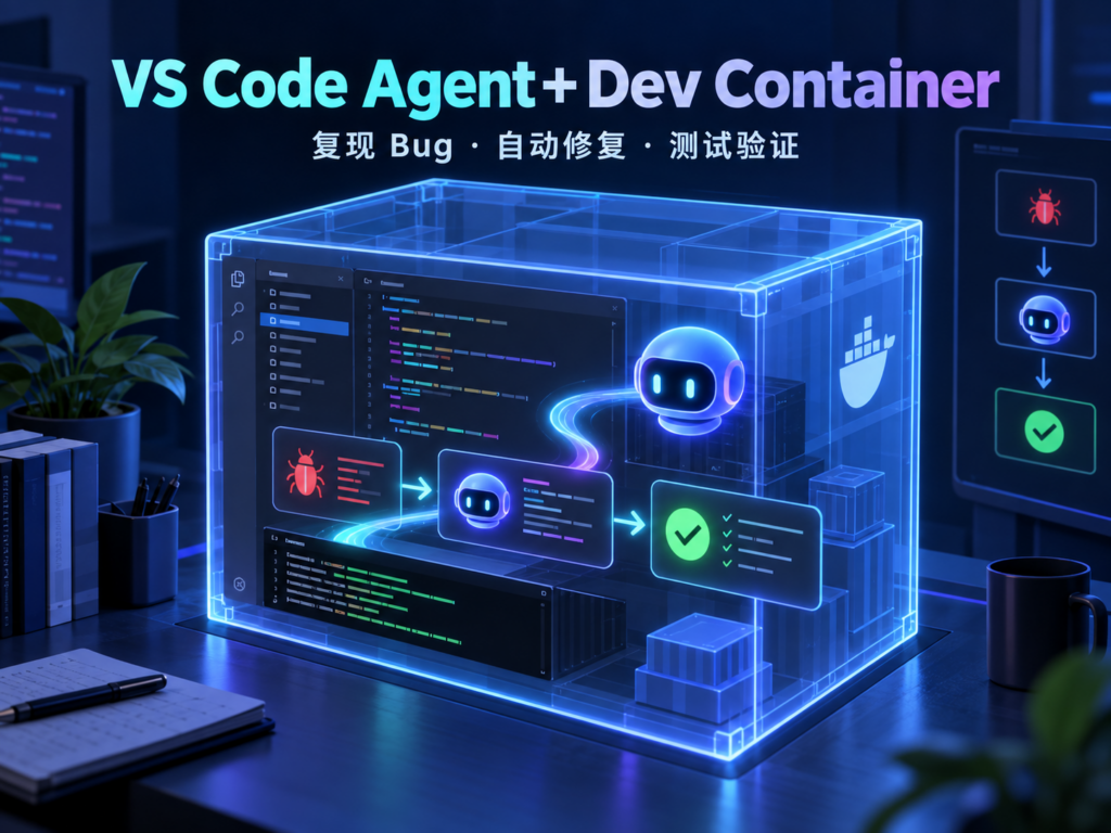 VS Code Agent 在 Dev Container 中复现、修复并验证 Bug 的主题图