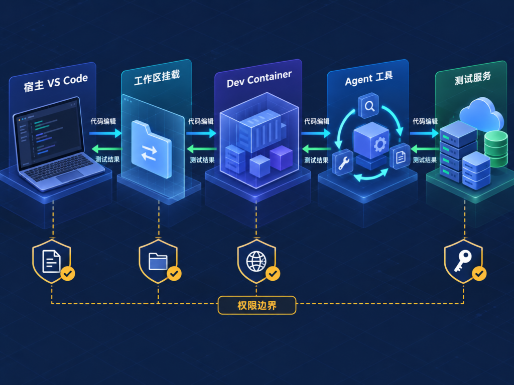 VS Code Agent 在 Dev Container 中运行工具、测试与修复代码的架构示意图