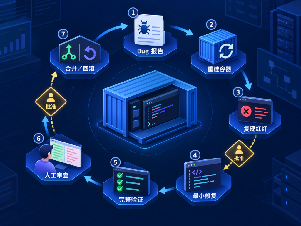 从 Bug 报告到容器复现、失败测试、最小修复、人工审查和回滚的流程图