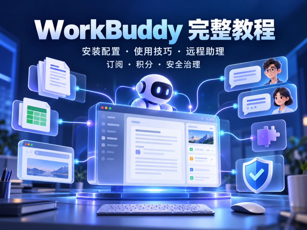 WorkBuddy 完整教程科技课程封面，展示安装配置、Agent 工作流、订阅积分与安全治理