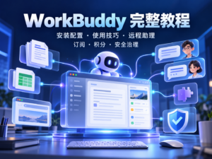 WorkBuddy 完整教程科技课程封面,展示安装配置、Agent 工作流、订阅积分与安全治理