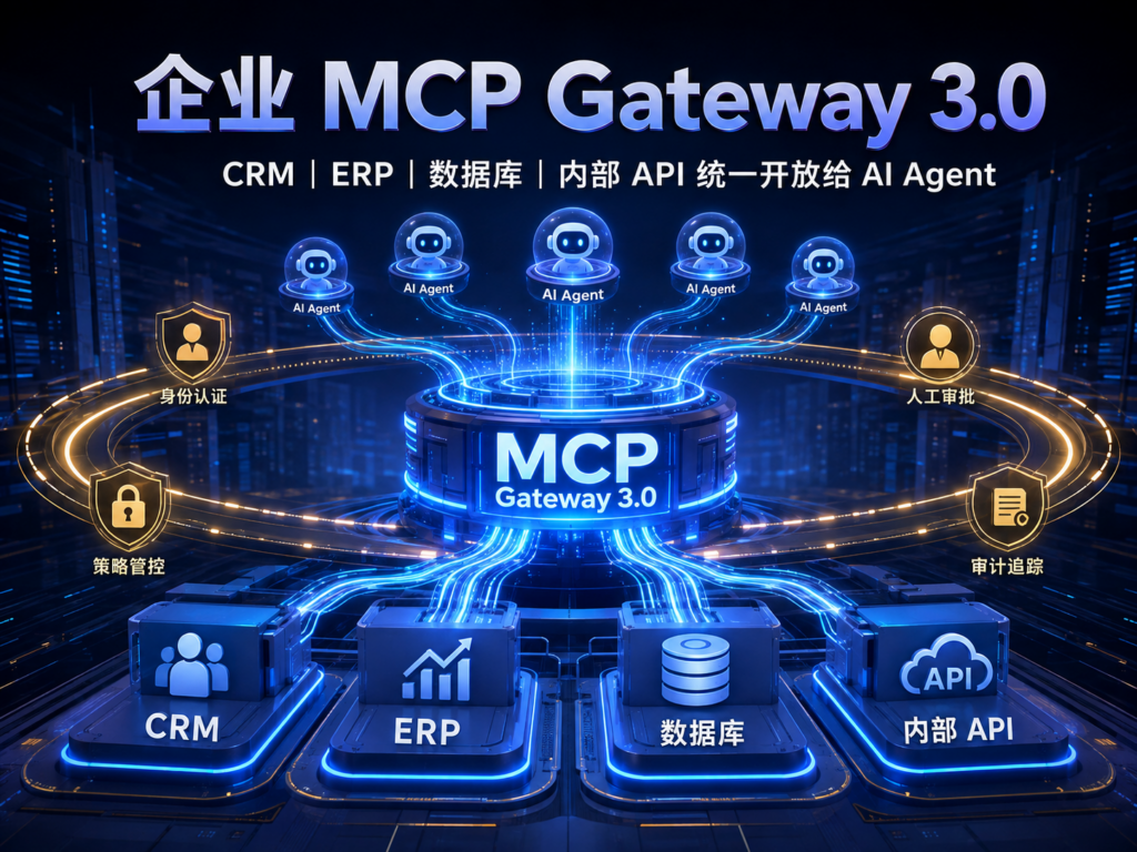 企业MCP Gateway 3.0完整项目封面，展示CRM ERP数据库和内部API统一连接AI Agent