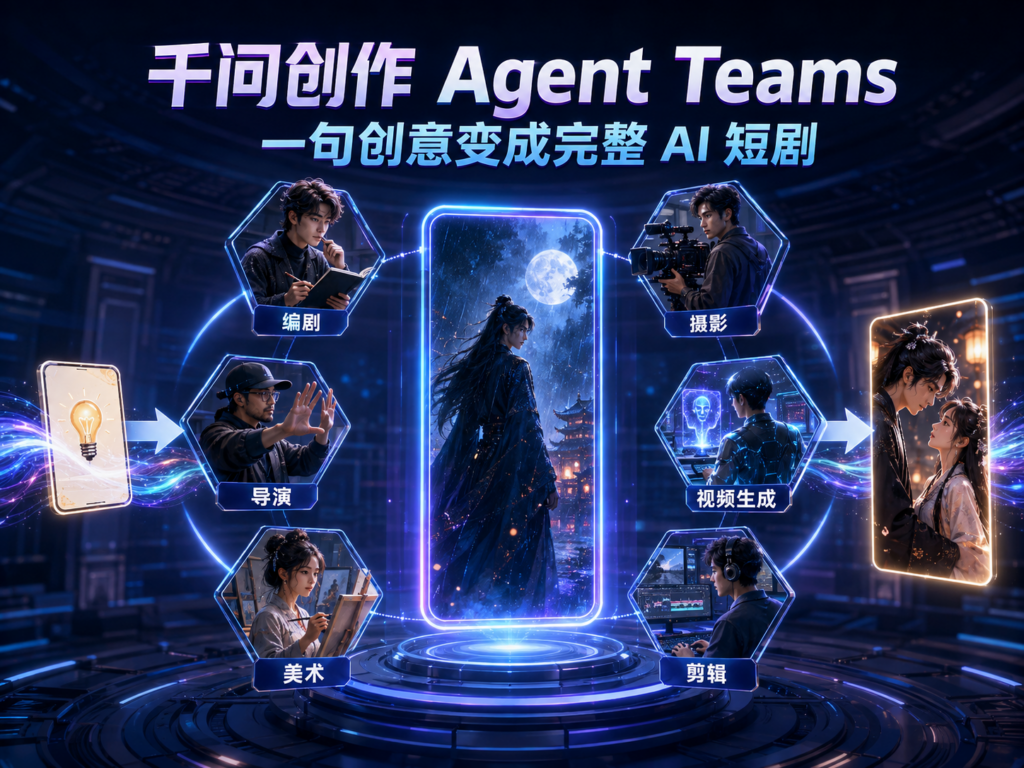 千问创作Agent Teams实测教程封面，展示一句创意经多Agent协作生成完整AI短剧