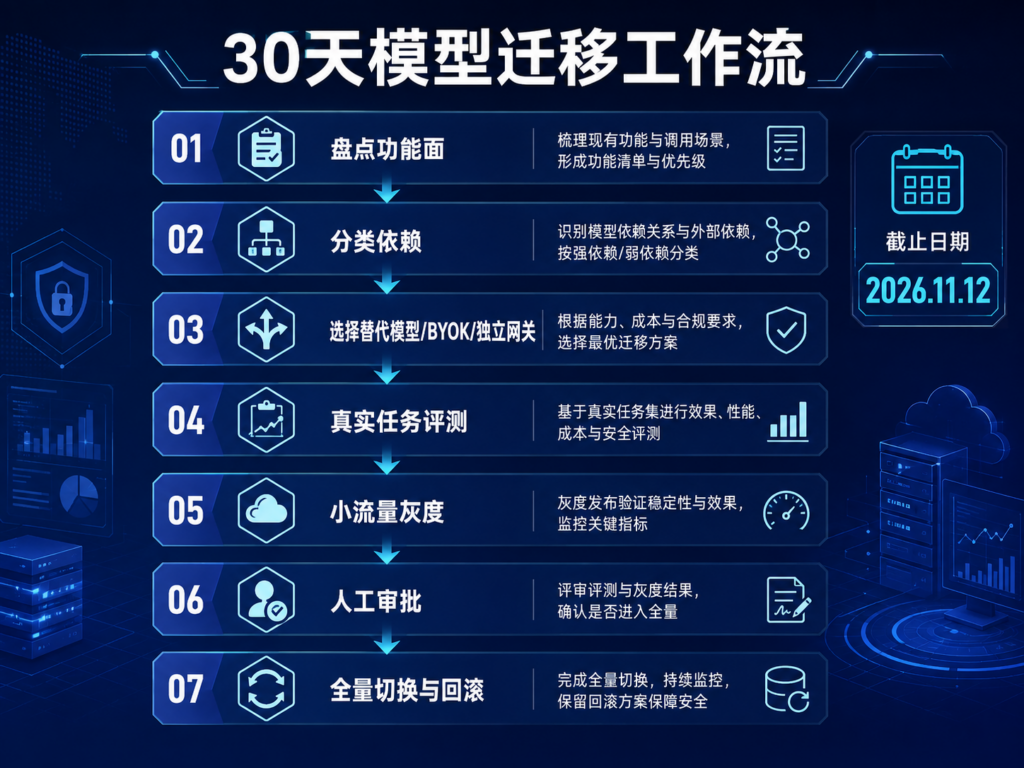 在停止日前完成盘点、选择路线、回归评测、灰度审批和回滚演练。