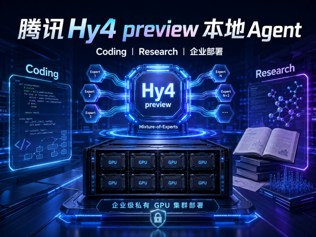 腾讯Hy4 preview本地Agent教程封面，展示Coding、Research和企业GPU集群部署