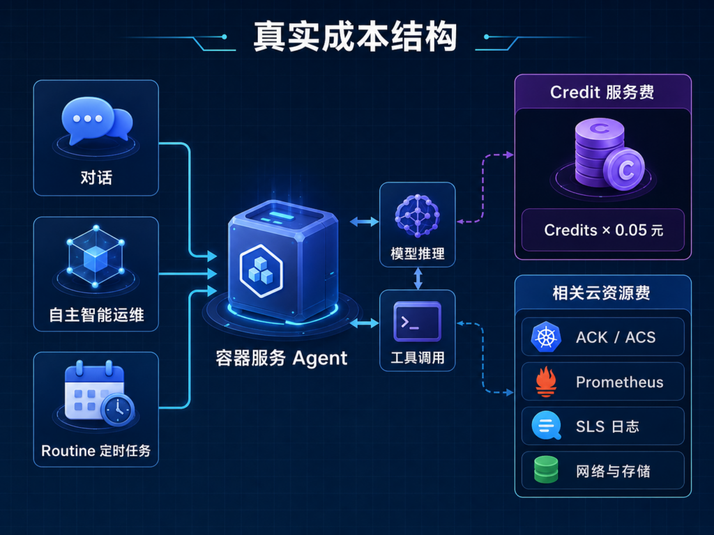 阿里云容器服务Agent从任务触发到Credit计量及云资源账单的成本结构图
