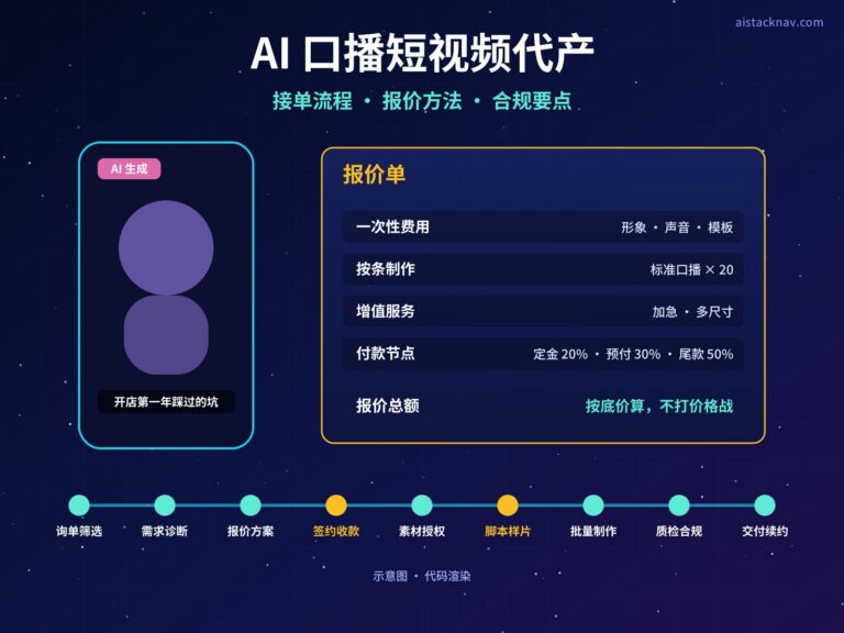 AI 口播短视频代产示意图：左侧是数字人口播手机画面，右侧是一张报价单，下方一条从询单到续约的九步流程线，标出首款到账与样片确认两个关卡