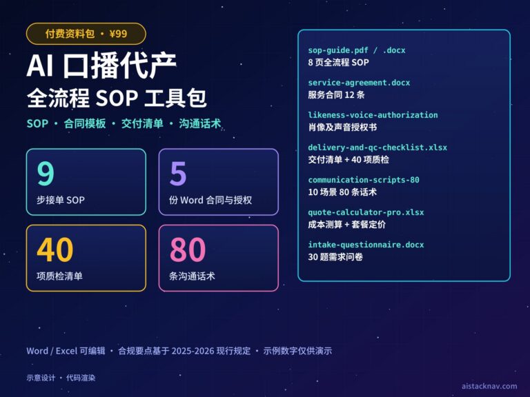 AI 口播代产全流程 SOP 工具包封面：9 步 SOP、5 份合同、40 项质检、80 条话术四个数字卡片，右侧列出资料包文件