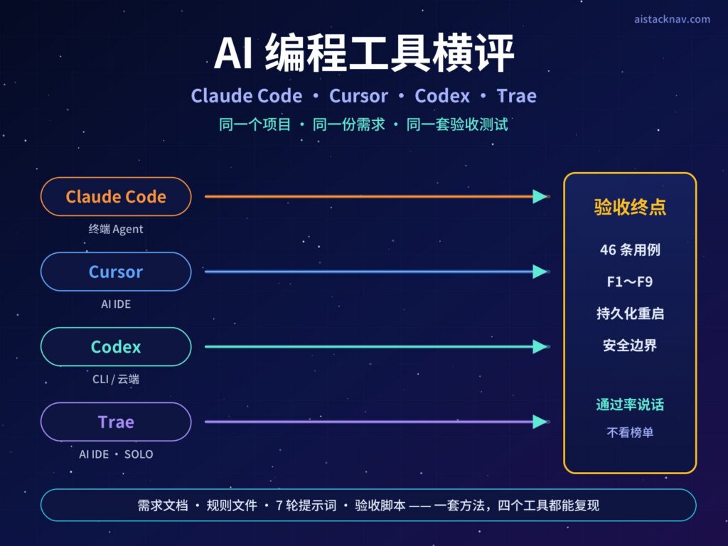 AI 编程工具横评特色图，Claude Code、Cursor、Codex、Trae 四条彩色赛道箭头指向右侧写有 46 条用例的验收终点