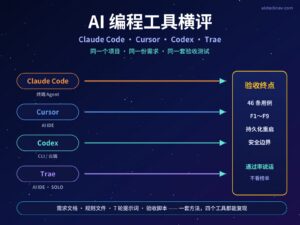 AI 编程工具横评特色图，Claude Code、Cursor、Codex、Trae 四条彩色赛道箭头指向右侧写有 46 条用例的验收终点