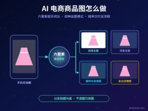 AI电商商品图封面：一件商品的手机实拍图经过AI变成白底主图、场景主图和模特图三张成品