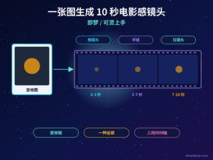 即梦可灵图生视频特色图，左侧一张静态照片经过时间轴变成右侧电影胶片帧，胶片上方标注推、拉、环绕等运镜