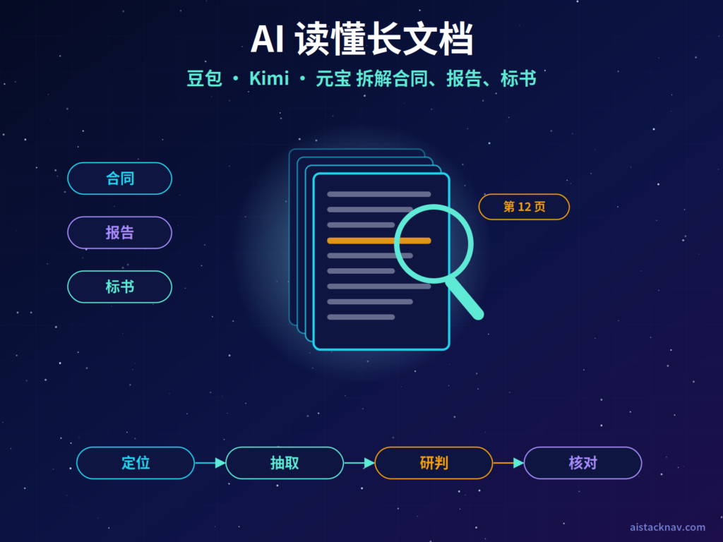 用 AI 读懂长文档特色图，中央为一叠被放大镜扫描的长文档，三张标签分别写着合同、报告、标书，下方为四步链