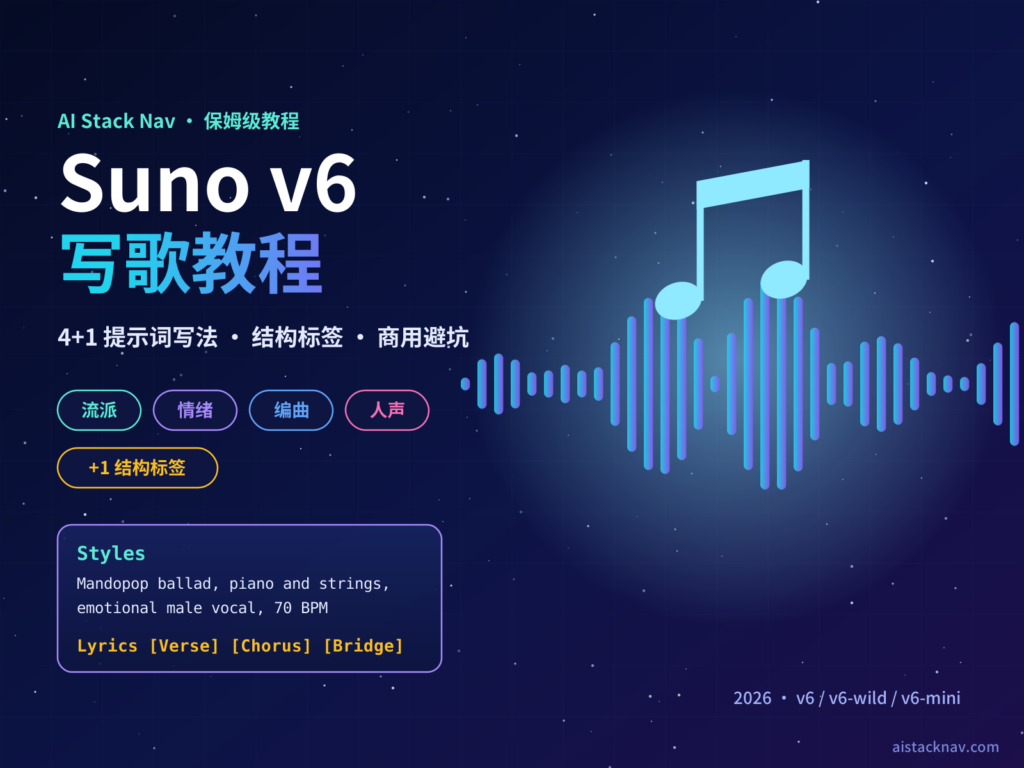 Suno v6 写歌教程特色图：深蓝科技背景中央是发光的声波与音符，周围环绕 Styles、Lyrics 两个输入框和流派、情绪、编曲、人声四个标签