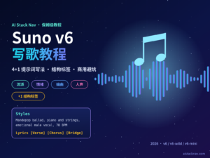 Suno v6 写歌教程特色图：深蓝科技背景中央是发光的声波与音符，周围环绕 Styles、Lyrics 两个输入框和流派、情绪、编曲、人声四个标签