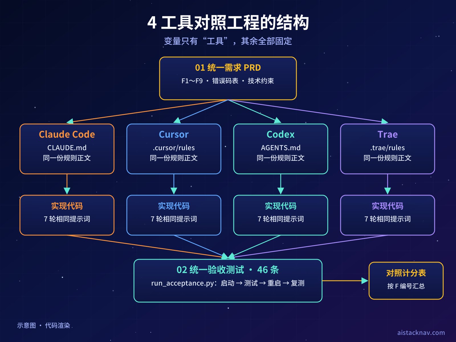 四工具对照工程结构图：统一需求 PRD 分发到 CLAUDE.md、.cursor/rules、AGENTS.md、.trae/rules 四套规则文件，各自生成实现代码后汇入 46 条统一验收测试和对照计分表