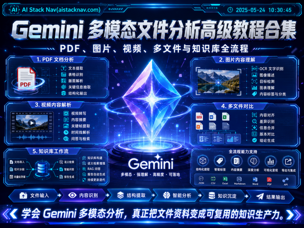 Gemini 多模态文件分析高级教程合集封面，包含 PDF、图片、视频、多文件、合同、论文、知识库、项目申报、招投标和政府公文分析